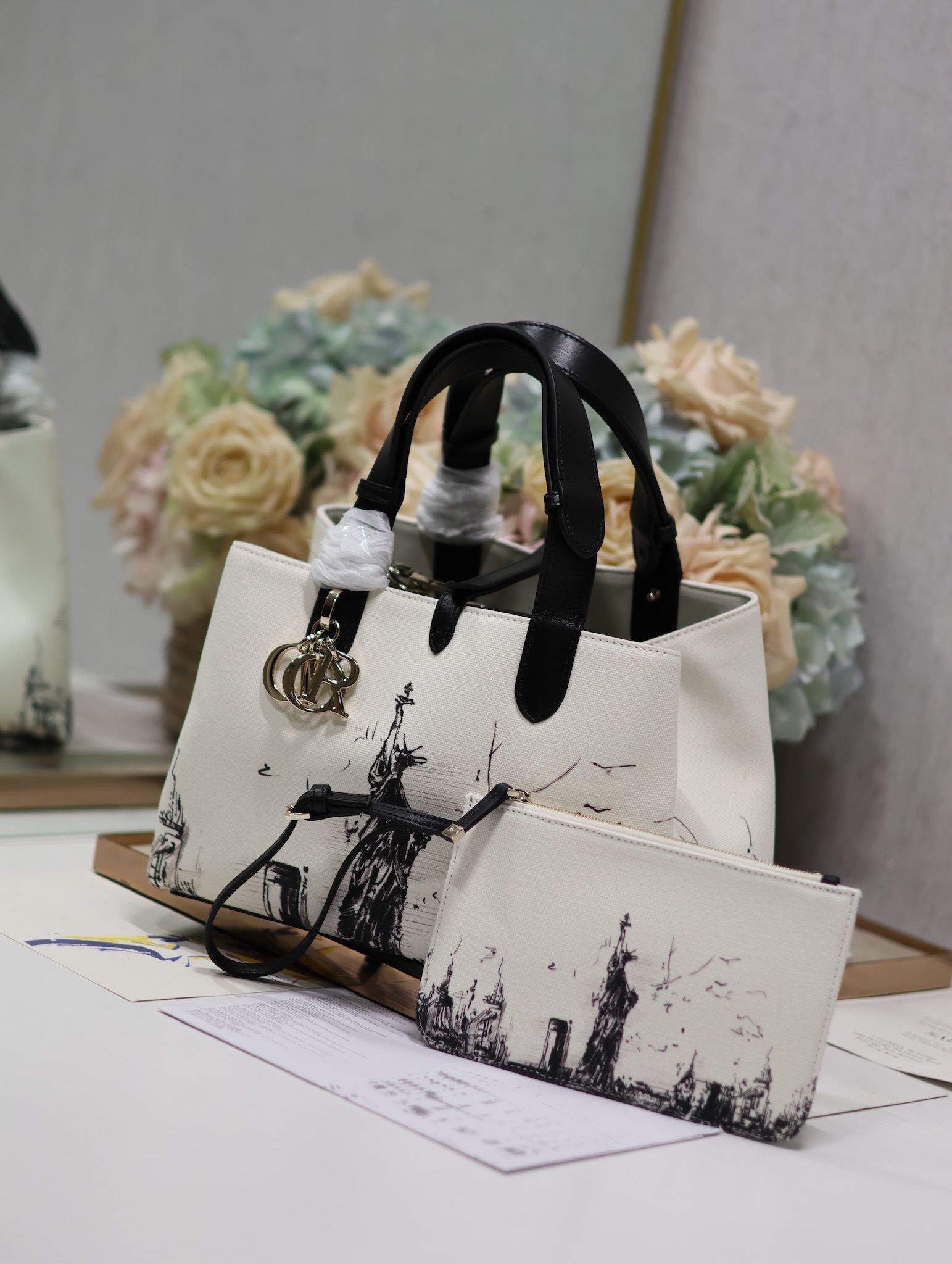 Medium Dior Toujours Bag Latte and Black Canvas with New York Print